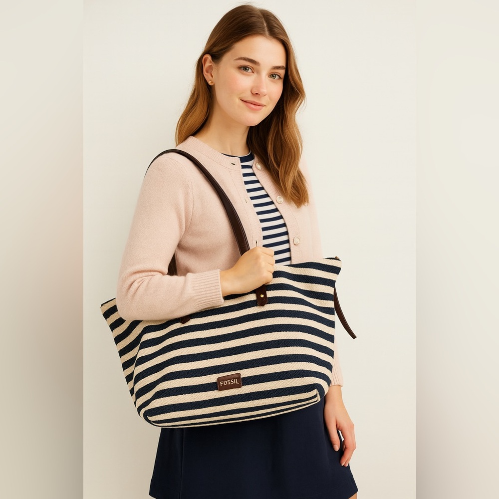 Fossil Striped Navy and Cream Tote